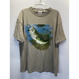 Tultex Men’s XL Tan Bass Fish Graphic T-Shirt Outdoors Lake Vintage